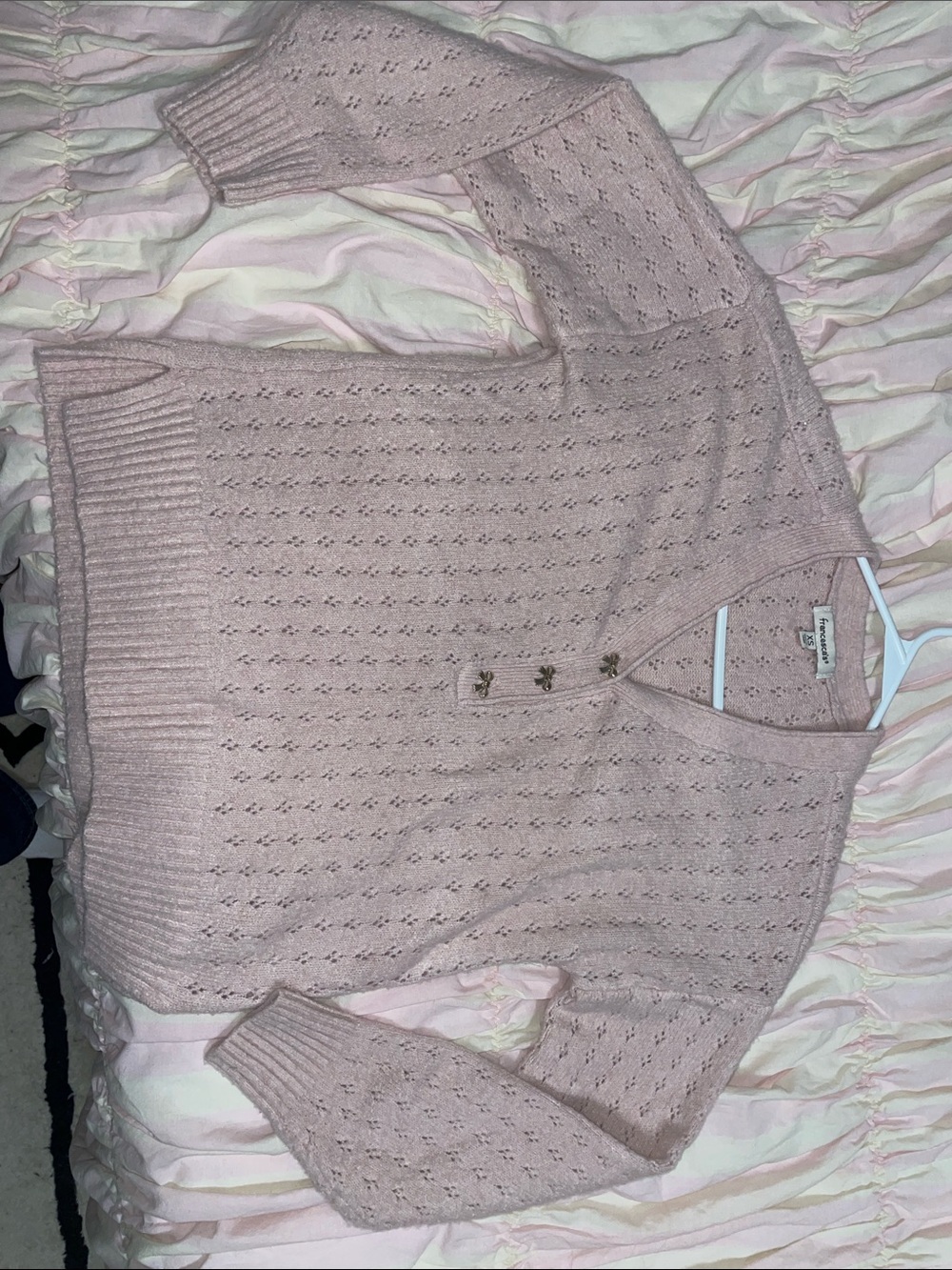 Francescas Eyelet Knit Button Henley Sweater - Light Pink
